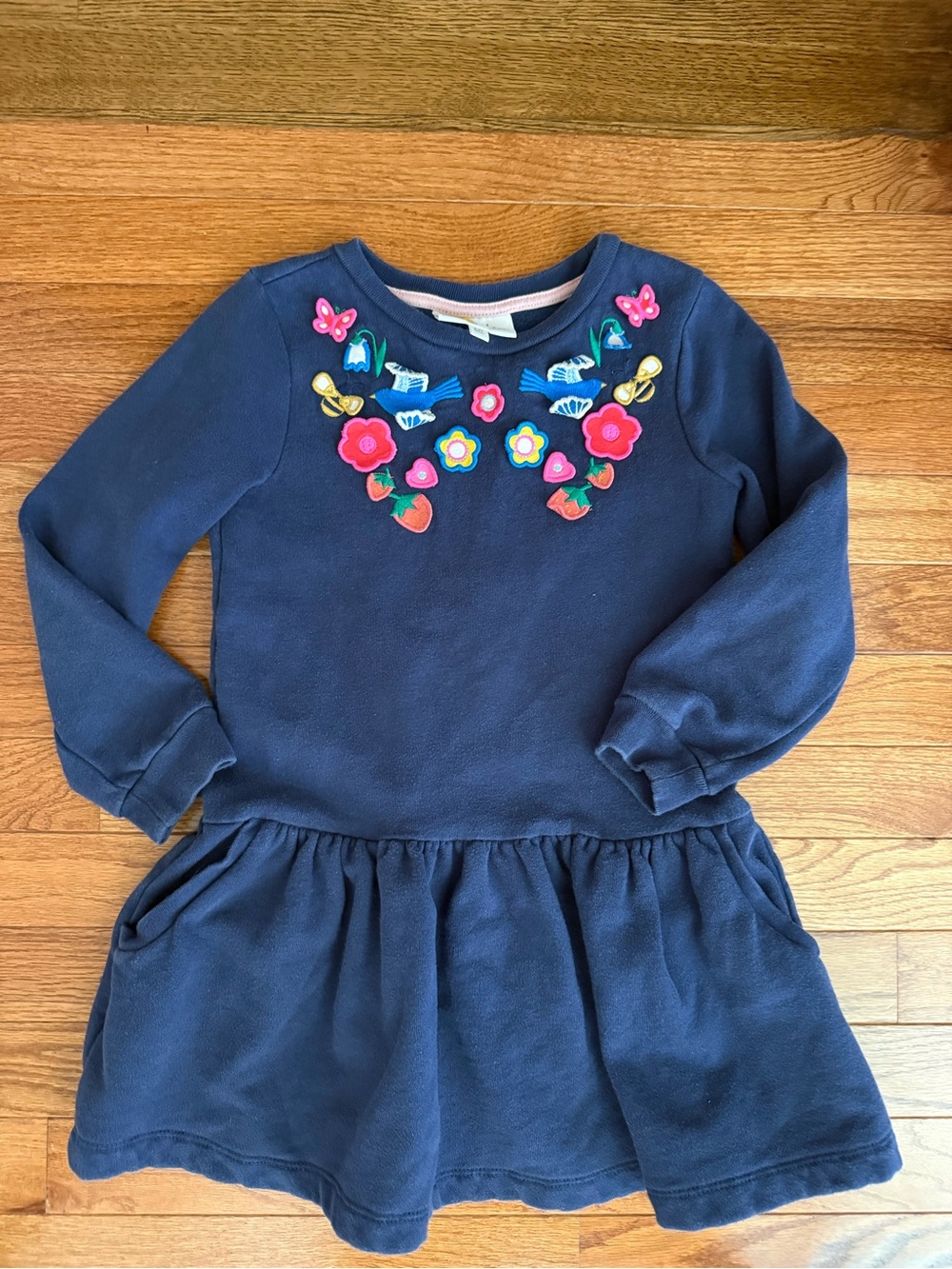 Mini Boden Navy Sweatshirt Dress with Colorful Floral Appliqués